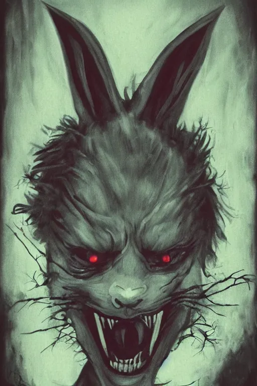 Prompt: portrait of rabbit, demon eyes, dracula fangs! haunted house, dark atmospheric