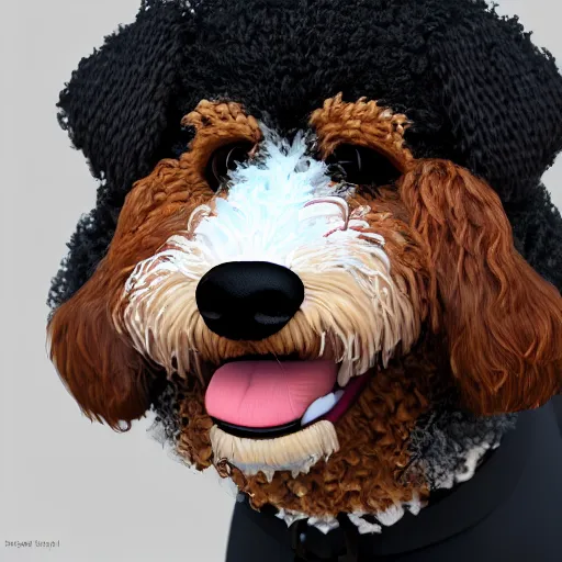 Image similar to a closeup photorealistic illustration of a smiling knitted bernedoodle judge dog dressed in a black gown, presiding over the courthouse. this 4 k hd image is trending on artstation, featured on behance, well - rendered, extra crisp, features intricate detail, epic composition and the style of unreal engine.