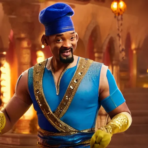 Image similar to will smith as the genie from alladin with a pistol, photo realistic, 8 k, detailed, will smith, alladin