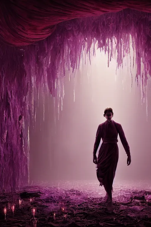 Prompt: hyperrealistic highly detailed and the silken, sad, uncertain rustling of each purple curtain thrilled me filled me with fantastic terrors never felt before, cinematic lighting, cedric peyravernay maciej kuciara, dramatic lighting, medium shot, ground angle, uhd 8 k, shallow depth of field