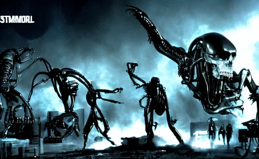 Prompt: terminator vs alien vs predator vfx film hd