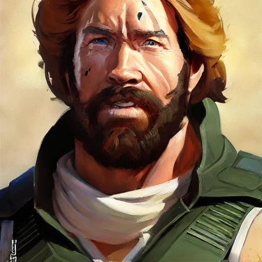 Image similar to greg manchess portrait painting of armored chuck norris as overwatch character, medium shot, asymmetrical, profile picture, organic painting, sunny day, matte painting, bold shapes, hard edges, street art, trending on artstation, by huang guangjian and gil elvgren and sachin teng