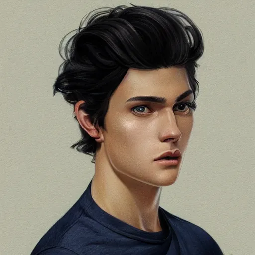 Image similar to ultra realistic illustration, a young man with black hair, in a yellow t - shirt, with blue eyes, highly detailed, digital painting, artstation, concept art, smooth, sharp focus, illustration, art by artgerm and greg rutkowski and alphonse mucha