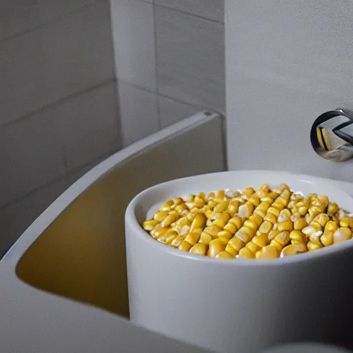 Prompt: of one corn in a standard toilet bowl, pixar studios, dramatic lighting