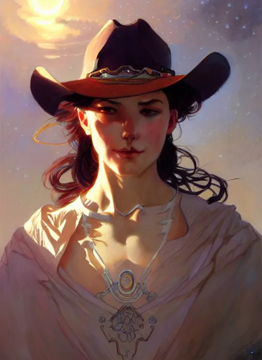 Image similar to cowboy dream, sci - fi, stunning, intricate, elegant. highly detailed, digital painting. artstation. smooth. sharp focus. illustration. art by artgerm and greg rutkowski and alphonse mucha