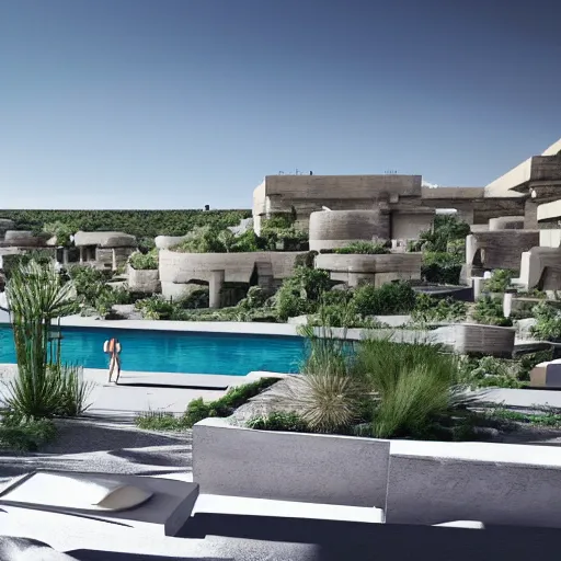 Image similar to architectural rendering of habitat 6 7 in the desert, biophilia mood, pool, garden, highly detailed, cinematic,