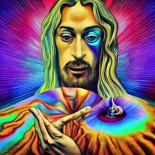 Prompt: psychedelic ; trippy ; acid trip ; artgerm ; salvadore dali ; surreal ; abstract ; lsd ; jesus christ breaking bread