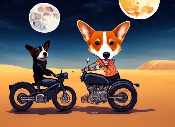 Image similar to a cell shaded cartoon corgi riding a motorcycle, with a big head, on a desert road, wide shot, in front of a big moon, muted colors, post grunge, josan gonzales, wlop, by james jean, victor ngai, hq, deviantart, art by artgerm