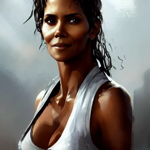 Image similar to “ portrait of halle berry by greg rutkowski, young, attractive, highly detailed portrait, scifi, digital painting, artstation, concept art, smooth, sharp foccus ilustration, artstation hq ”