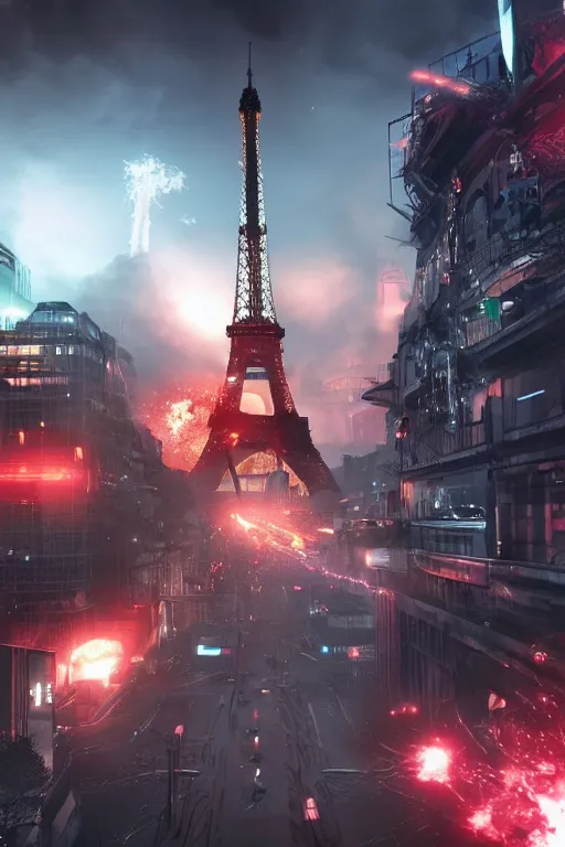 Image similar to paris cyberpunk attacked by aliens, lots of explosions, realistic, high definition, many details, dramatic scene, detailed and realistic hands, symmetrical face, realistic eyes, art of unreal engine 5