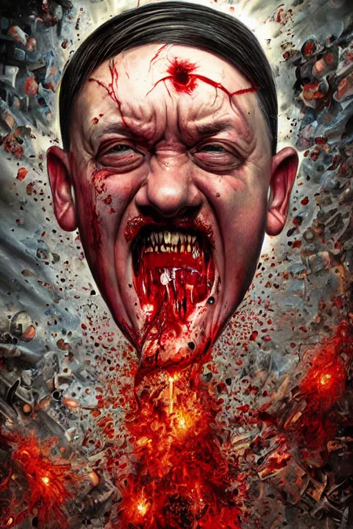 Prompt: uhd hyperrealistic photorealisitc hyperdetailed detailed adolf hitler head exploding, puking blood, screaming, with sparking circuits, studio lighting, by ayami kojima amano karol bak, greg hildebrandt and mark brooks