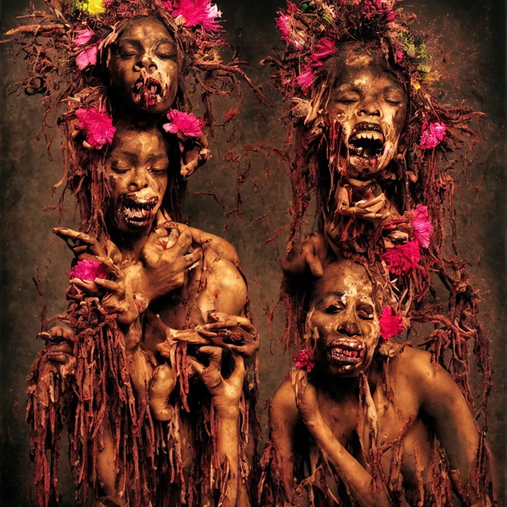 Prompt: award winning photo of african voodoo woman eating herself to death and puking blood, draped in oil, human sacrifice, frantic smile, rotten flesh, flowers, evil cult, mysticism, vivid colors, weird and disturbing, symmetrical face, neon lights, studio lighting, wide shot art by sally mann & arnold newman