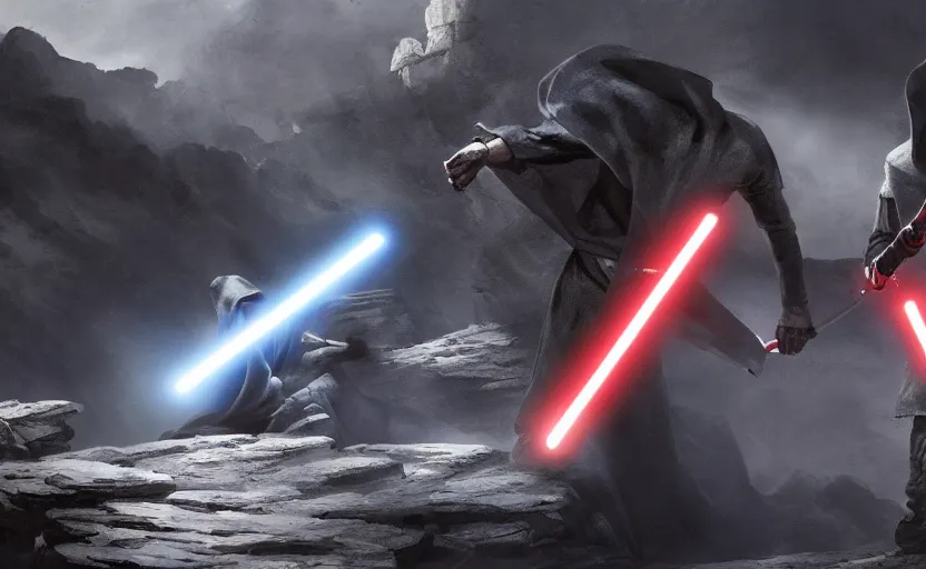 Image similar to two hooded figures engaging in an epic lightsaber duel on a cliffside, epic, fantasy artwork, intense, cinematic, raytracing, dynamic lighting, 4 k
