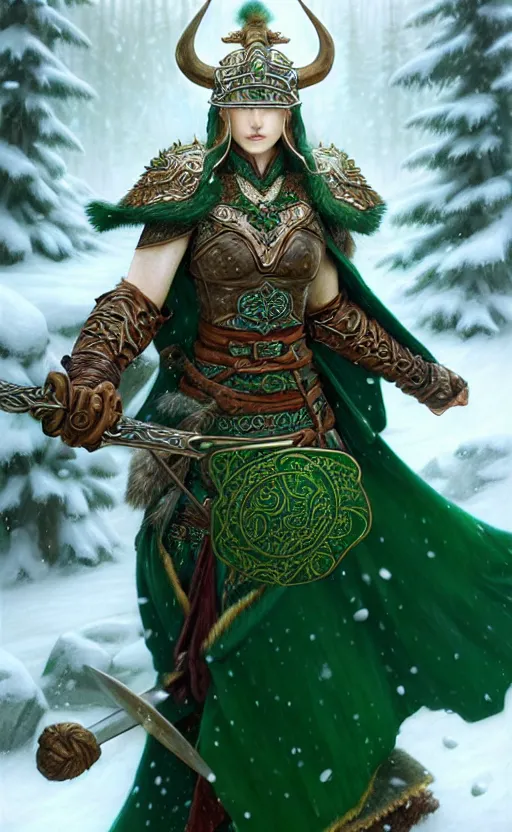 Image similar to emerald viking warrior, regal, elegant, winter, snow, beautiful, stunning, hd, illustration, epic, d & d, fantasy, intricate, elegant, highly detailed, wide angle, digital painting, artstation, concept art, smooth, sharp focus, illustration, wallpaper, art by artgerm and greg rutkowski and alphonse mucha and jin xiaodi