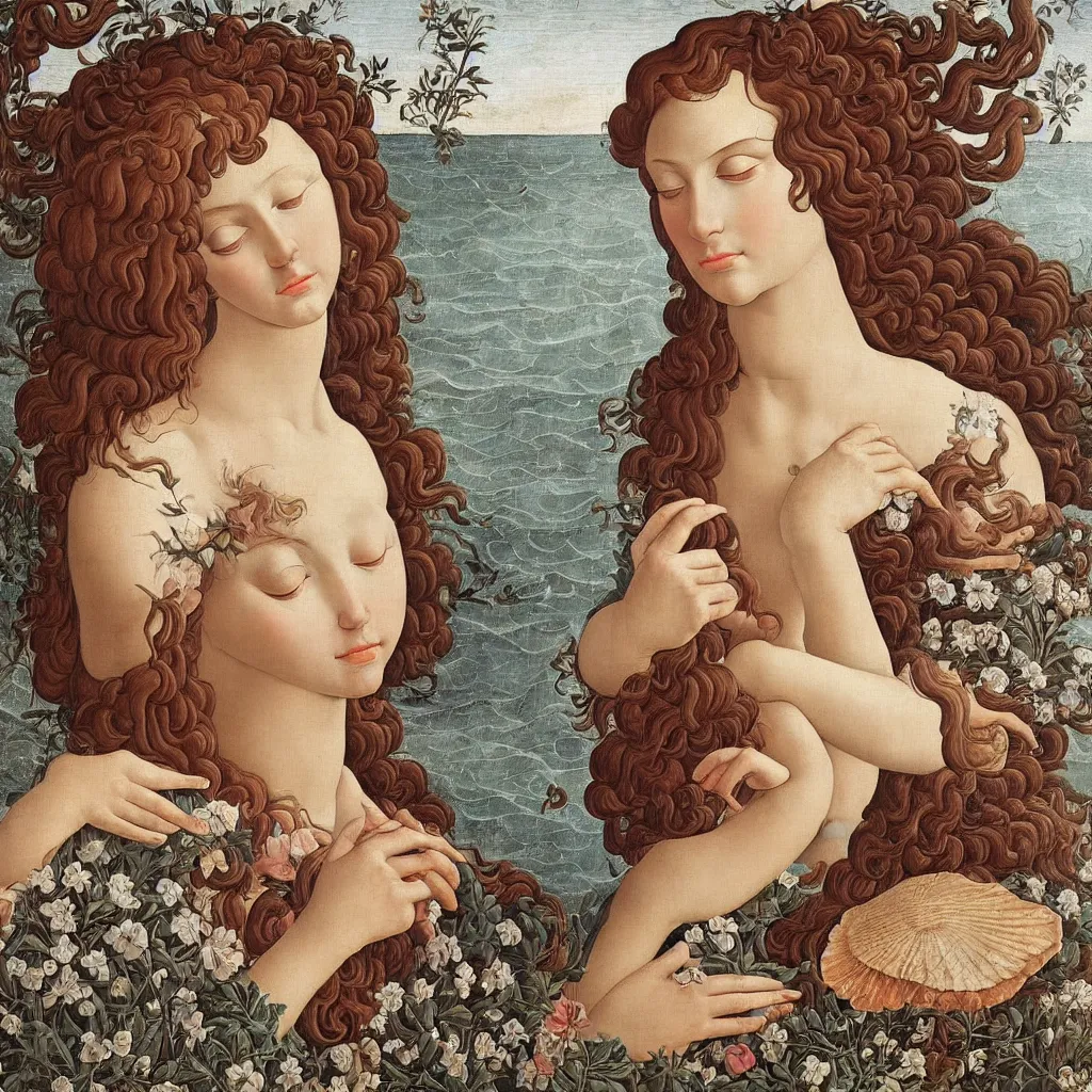 Prompt: an hyperrealistic mythological oil painting of a beautiful woman with long curly brown hair, full body, wearing floral chiton, sleeping in a giant scallop shell near the seashore, intricate, elegant, renaissance style, by sandro botticelli
