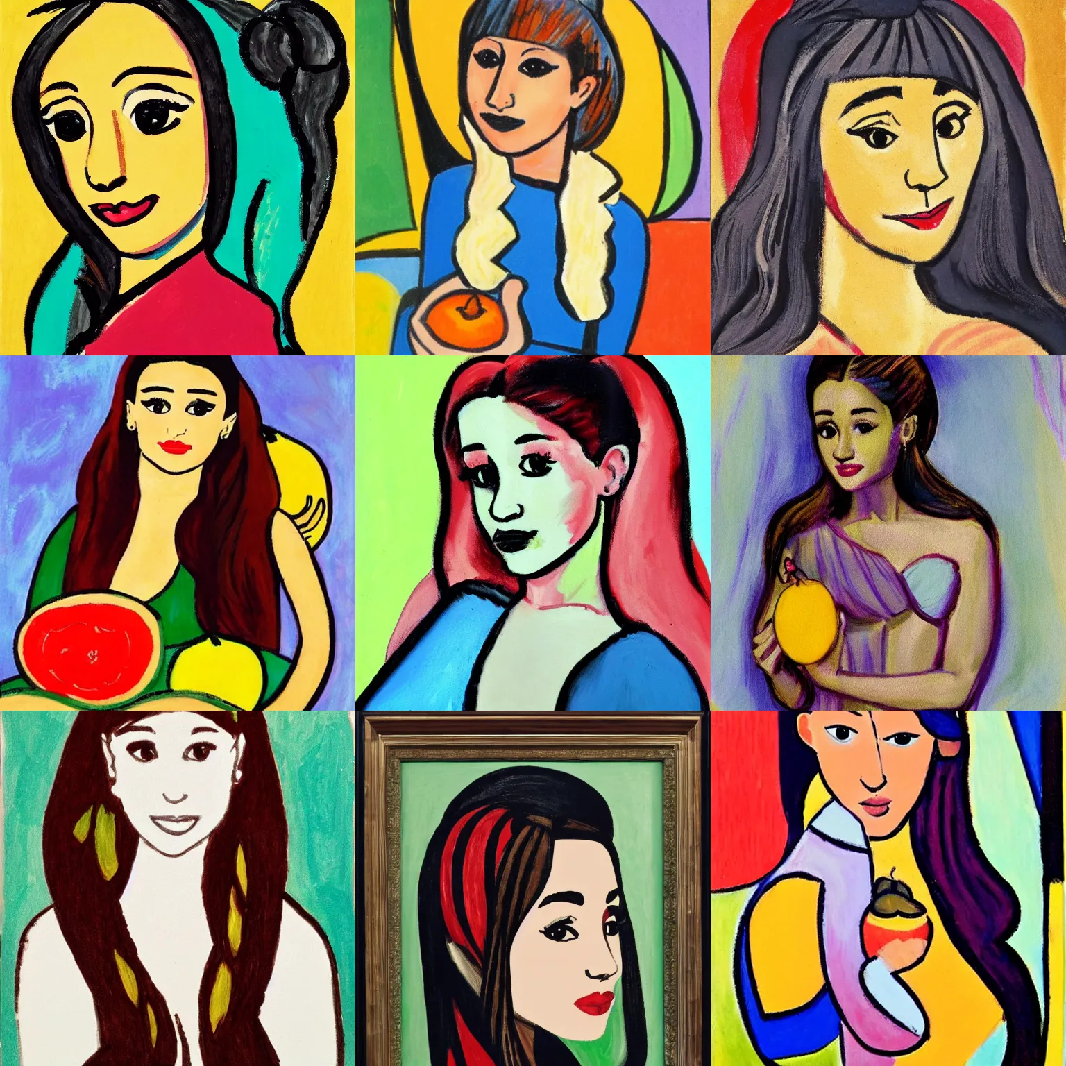 Prompt: portrait of ariana grande holding fruit by picasso