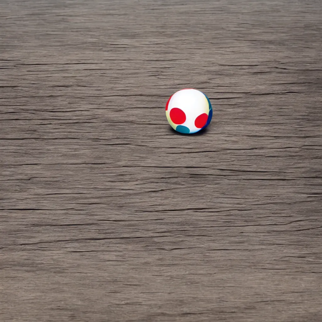 Image similar to wide angle photo of round beach ball on top of a wooden table, 8k, high detail, photorealistic, proper shading