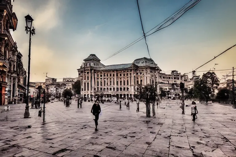 Image similar to urban photography of bucharest, award winning, sunset, streets, buildings, people, beautiful