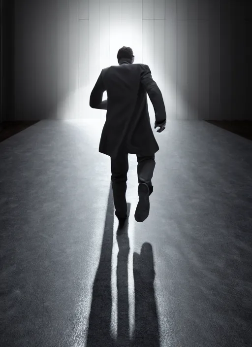 Prompt: a man running away with his back to the viewer, full body view, coat, back view, back lit, back lighting, hyper realistic, 3 d render