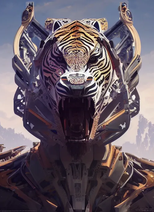 Image similar to symmetry!! portrait of a hybrid robot tiger, horizon zero dawn machine, intricate, elegant, highly detailed, digital painting, artstation, concept art, smooth, sharp focus, illustration, art by artgerm and greg rutkowski and alphonse mucha, 8 k