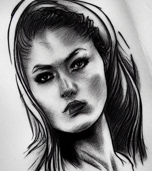 Image similar to a beautiful woman face against a background mighty mountains, tattoo design sketch, amazing blend effect, hyper - realistic, in the style of matteo pasqualin, amazing detail, black and white