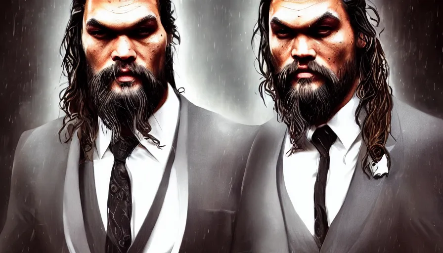 Prompt: Jason Momoa is a 30's gangster in suit and tie, hyperdetailed, artstation, cgsociety, 8k