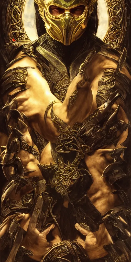 Image similar to masterpiece mortal kombat, masterpiece by Edgar Maxence and Ross Tran and Michael Whelan and Caravaggio artistic, intricate drawing, realistic fantasy, extremely detailed and beautiful aesthetic celtic face, establishing shot, 8k resolution, dramatic lighting,