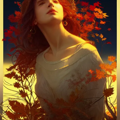 Image similar to ! dream summer becomes autumn, intricate, highly detailed, digital painting, artstation, concept art, smooth, sharp focus, illustration, unreal engine 5, 8 k, art by artgerm and greg rutkowski and alphonse mucha