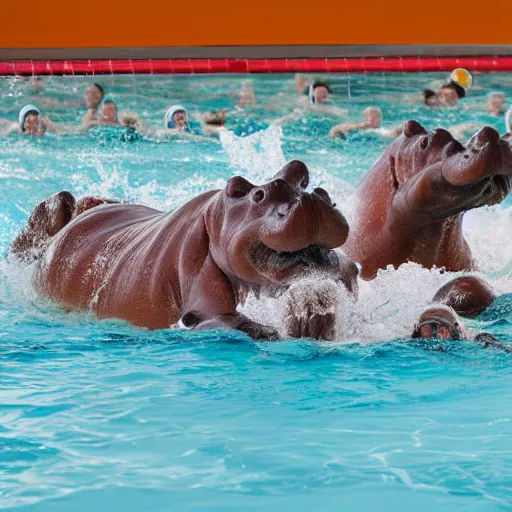 Prompt: hippopotamuses playing water polo with people. sports photograph.