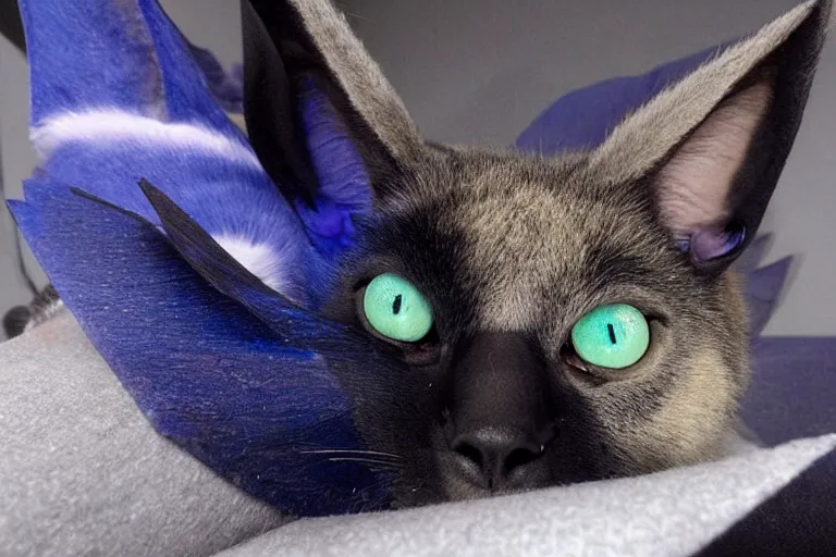 Image similar to a blue - and - black male blue / green heterochromatic catbat fursona with blue / green heterochromatic eyes ( one eye green ) and huge bat ears, photo of the catbat streaming on his computer