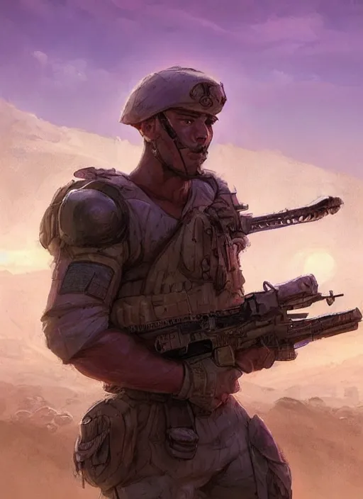 Image similar to purple lighting, detailed character concept illustration, strong muscular mature soldier in a soldier uniform, desert with city in the background, sharp focus, illustration, highly detailed, digital painting, concept art, matte, art by wlop and artgerm and greg rutkowski, masterpiece