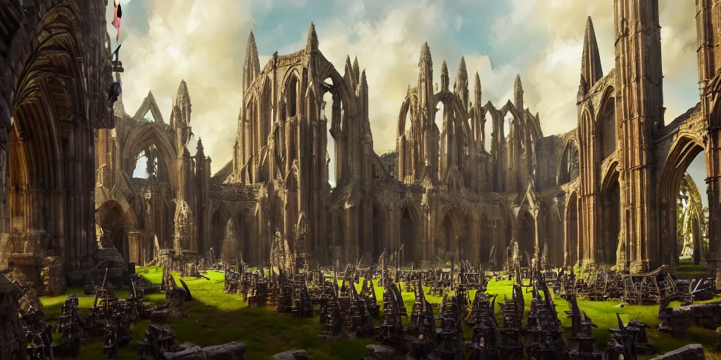 Image similar to highly detailed portrait painting of an ancient argardian gods battle, abbey warhammer battle, old abbey in the background, cathedrals, long giant columns, by eddie mendoza and tyler edlin, 8 k resolution