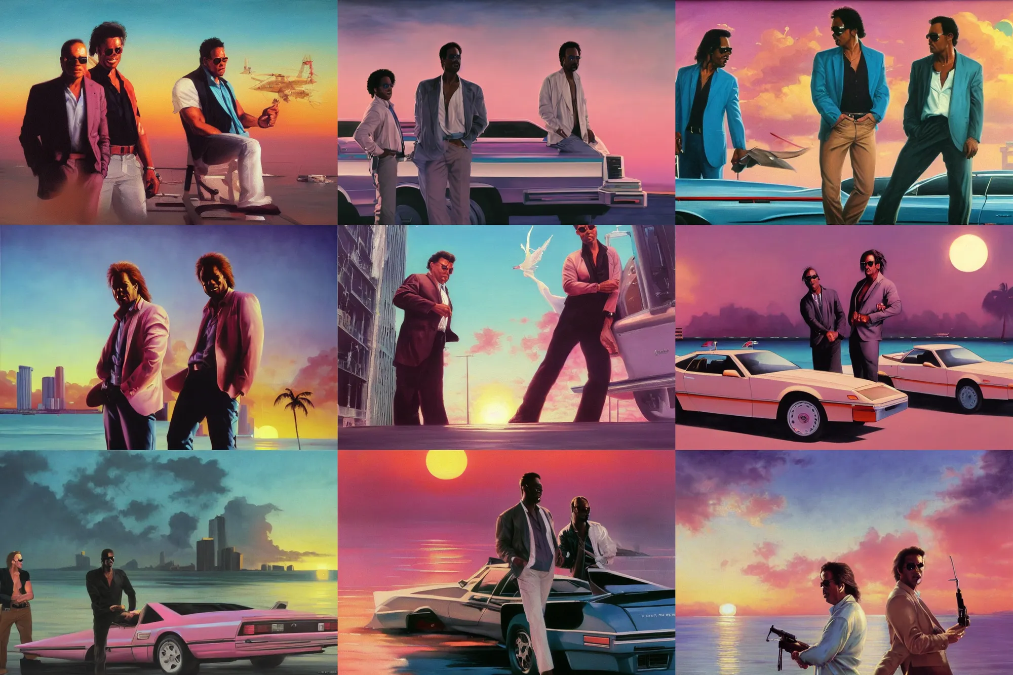 Prompt: an oil painting of crockett and tubbs, eighties miami vice, ultra realistic, highly detailed, sunset, masterpiece, cinematic by frank frazetta, greg rutkowski, beeple, yoko taro, christian macnevin, beeple, wlop, krenz cushart, epic fantasy character art, volumetric lighting, cgsociety, pink and teal