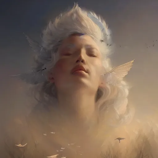 Prompt: a beautiful portrait of a cloud goddess with numerous tiny birds flying in the background and closed eyes by Greg Rutkowski and Raymond Swanland, Trending on Artstation, ultra realistic digital art, ultra realistic digital art