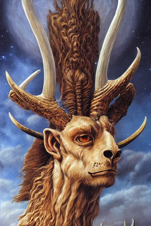 Prompt: sideview waist up portrait of baphomet plane with big antler made with porcelain by jeff easley and peter elson, beautiful eyes and face, symmetry face, galaxy, gothic, surreal, dread, highly detailed, intricate complexity, epic composition, magical atmosphere, masterpiece, award winning, trending on artstation