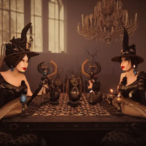 Image similar to dark witches sitting at a table doing a ritual. Ornate details, award winning. Octane render, 4k, 8k, unreal 5, very detailed, hyper control-realism, trending on artstation.”