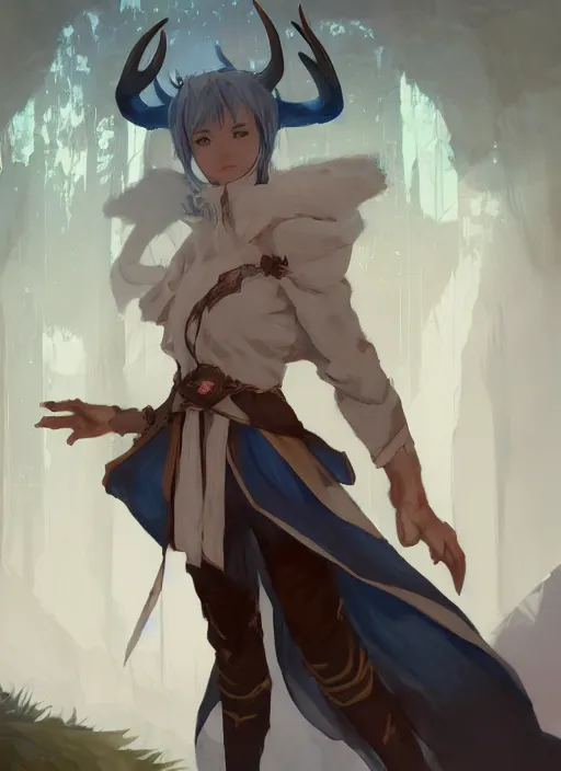 Image similar to concept art painting of a fully clothed person with brown skin and short white hair, demon horns, deer ears, blue tunic and robes, detailed, d & d style, cel shaded, in the style of ruan jia and artgerm and makoto shinkai and james gurney