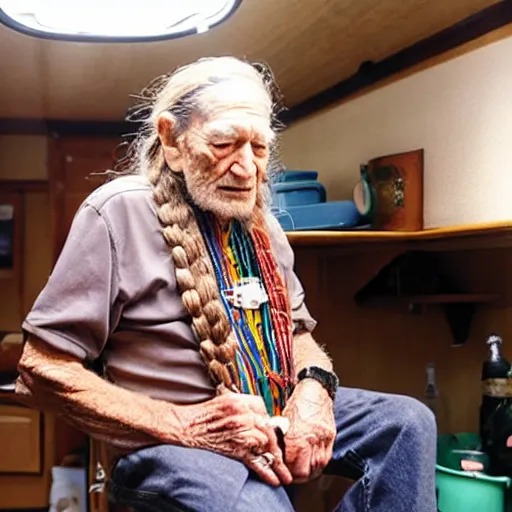 Image similar to willie nelson having a smoke in his trailer.