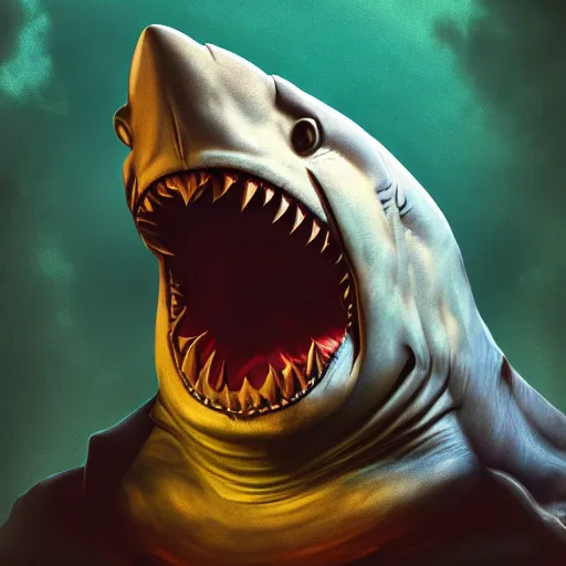 Image similar to portrait of king shark ,Grim fantasy, D&D, HDR, natural light, shoulder level shot, dynamic pose, award winning photograph, Mucha style 4k,