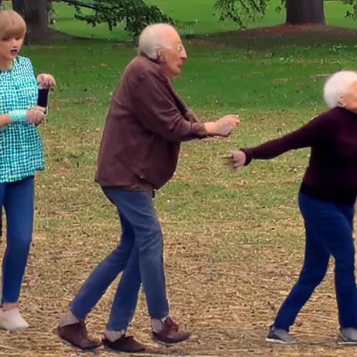 Image similar to taylor swift tripping old people in the park