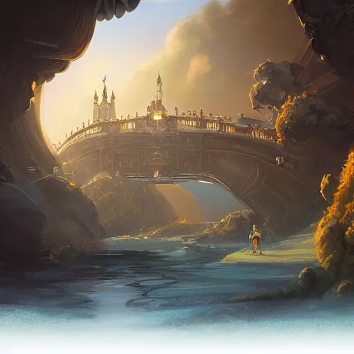 Image similar to A rococo spaceship above the Golden Bridge, by andreas rocha, featured on artstation