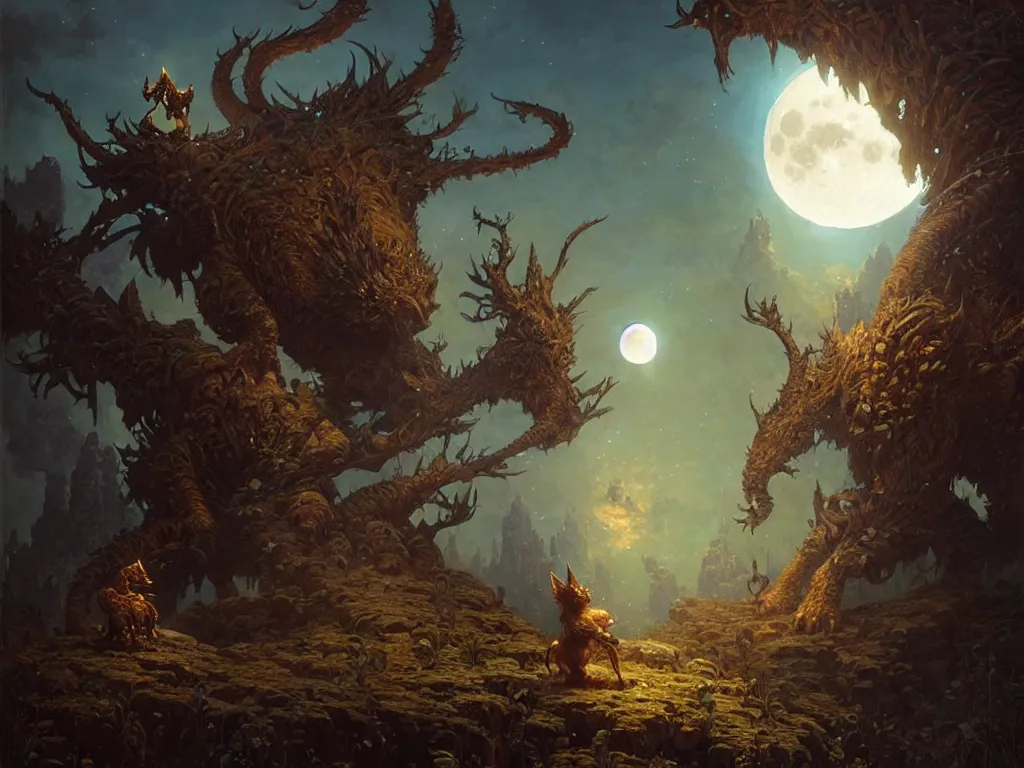 Prompt: fantasy critters looking at the moon, ultra realistic, concept art, intricate details, highly detailed by greg rutkowski, gaston bussiere, craig mullins, simon bisley