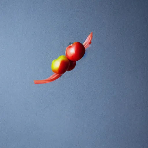 Prompt: slow motion image of a tomato and an apple colliding mid air, 4 k