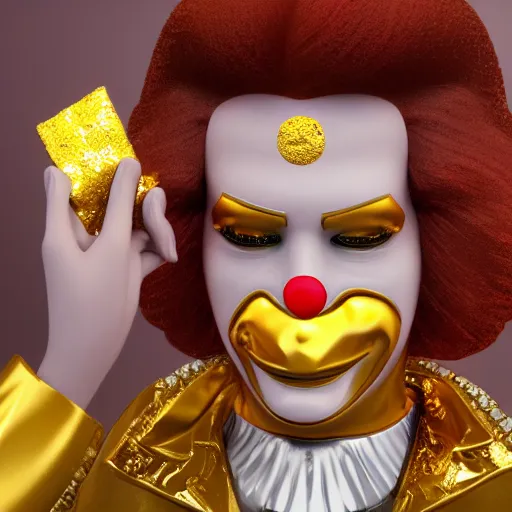 Image similar to a still of ronald mcdonald surrounded by gold and diamonds, award - winning, photograph, 3 d render, unreal engine, 4 k detailed