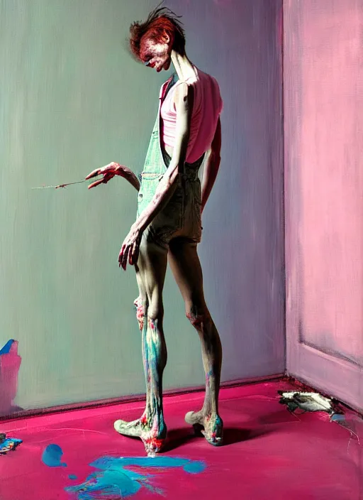 Image similar to an insane, skinny, artist wearing overalls, expressive painting the walls inside a grand messy studio, depth of field, hauntingly surreal, highly detailed painting by francis bacon, edward hopper, adrian ghenie, glenn brown, and james jean, soft light 4 k in pink, green and blue colour palette, cinematic composition,