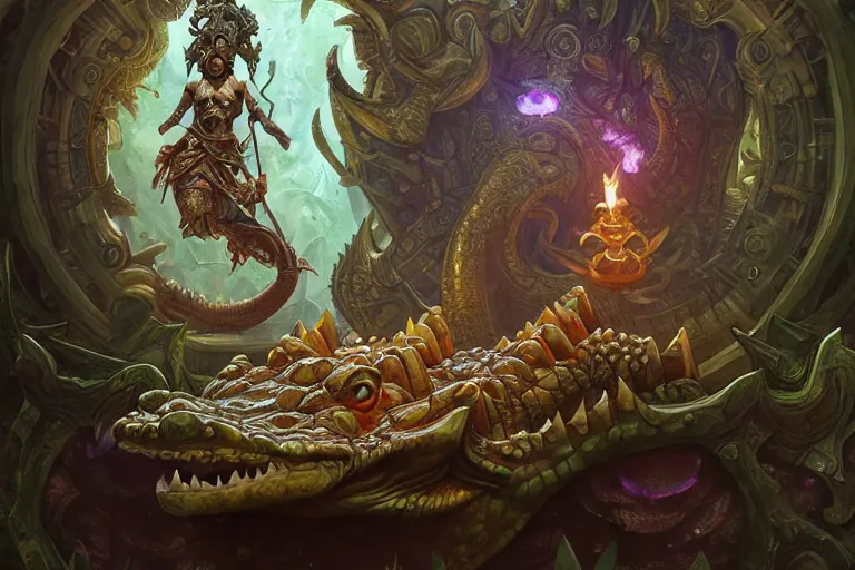 Prompt: crocodile god temple, dark water, gemstones and treasures, deep focus, d & d, fantasy, intricate, elegant, highly detailed, digital painting, artstation, concept art, matte, sharp focus, illustration, hearthstone, art by artgerm and greg rutkowski and alphonse mucha