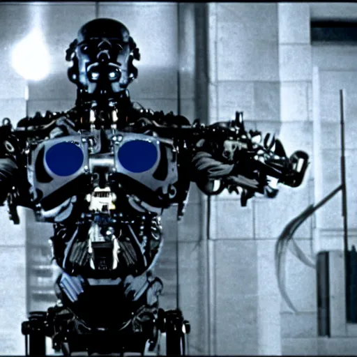 Image similar to movie still of a villain cyborg, facial expression, cinematic composition, cinematic light, by edgar allan poe and issac asimov