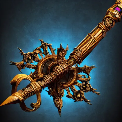 Image similar to fantasy greg rutkowski digital painting of an ornate and royal egyptian old twisted ornate runed wooden staff weapon with a blue crystal on top tip hovering, unreal engine, hyper realism, realistic shading, cinematic composition, blender render, octane render, hdr, detailed textures, photorealistic, 3 5 mm film