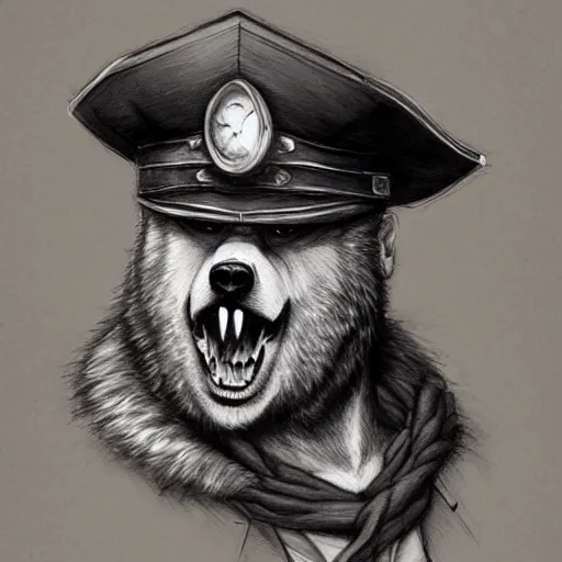 Image similar to dashing charming grinning charismatic bear beast-man rogue, wearing captain's tricorne hat, naval background, amazing, lifelike award winning pencil illustration trending on art station artgerm Greg rutkowski cinematic