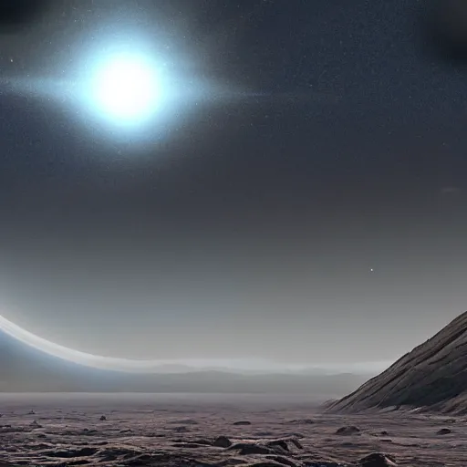 Image similar to large dust particles flying around seen from the surface of an alien planet crater, multiple moons in the sky, concept art, detailed futuristic matte painting